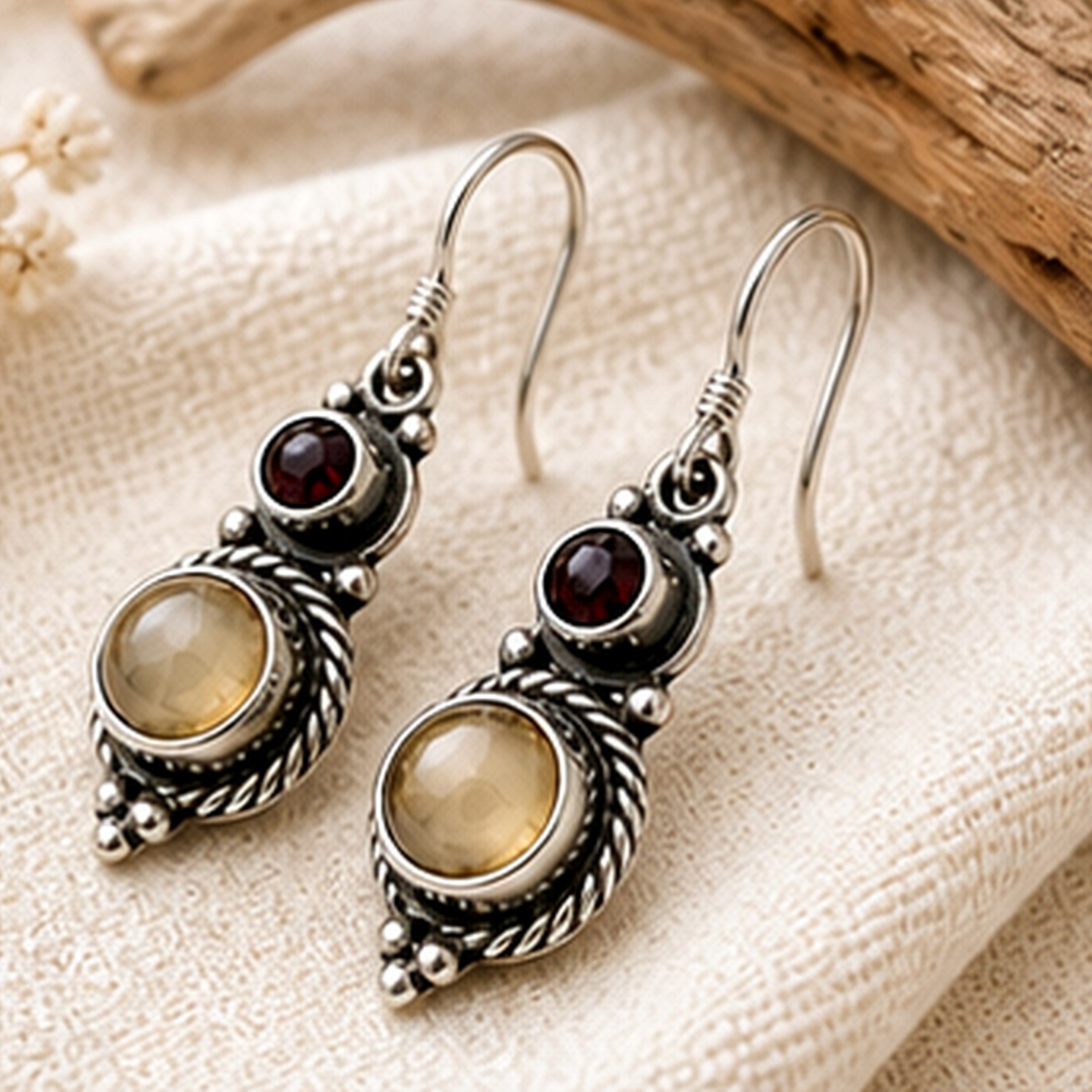 Citrine & Red Garnet Earrings • Rope-Twist — Club925 Archive product photograph
