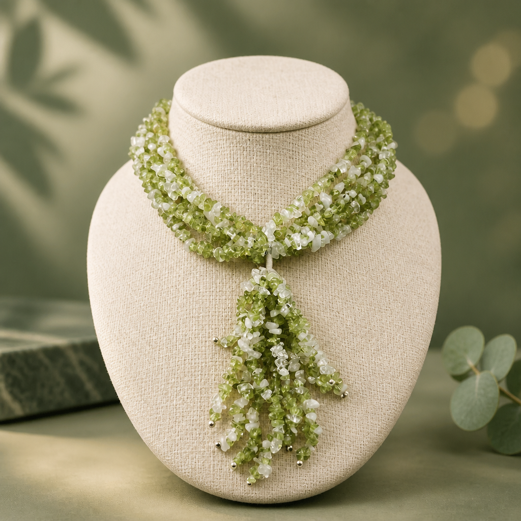 Peridot and Clear Quartz Necklace • Multi-Strand Collar Fringe Drop — Club925 Archive product photograph