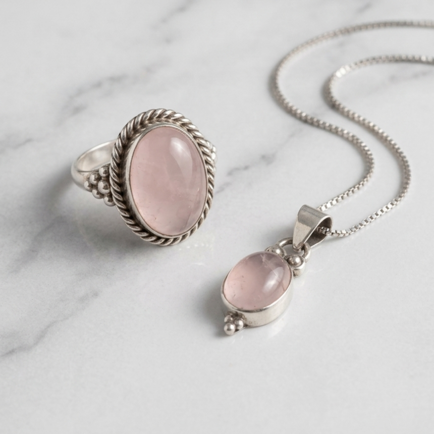 Rose Quartz Ring & Pendant Set — Club925 Archive product photograph