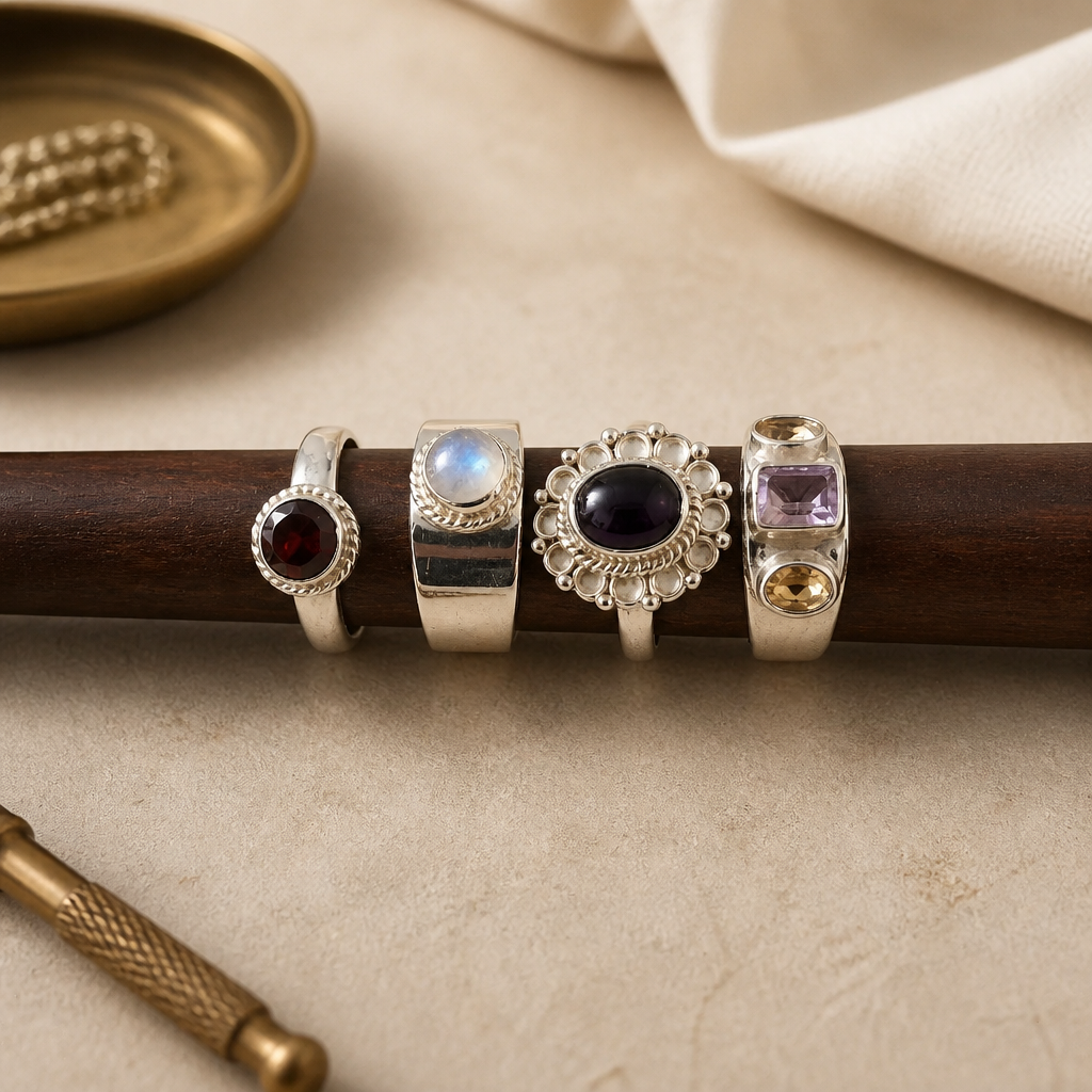 Multi-Gemstone Ring Set Size 7 • Moonstone, Onyx, Amethyst, Citrine, Garnet — Club925 Archive product photograph